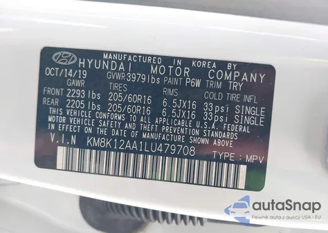 2020 Hyundai Kona Se from USA, damaged, VIN KM8K12AA1LU479708